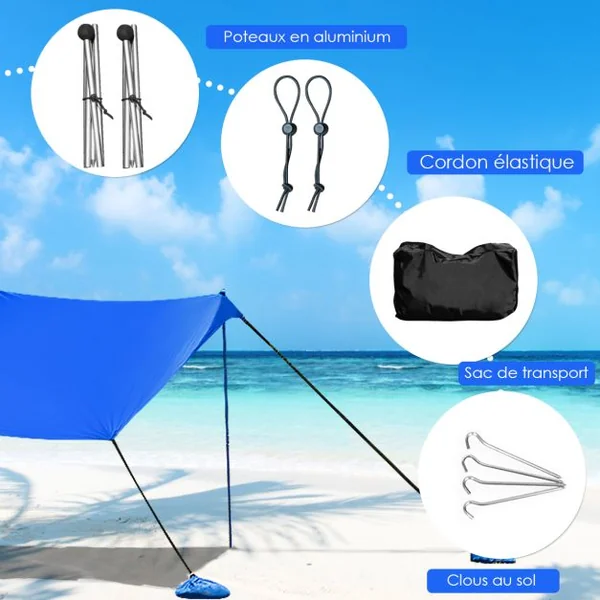 Tente de Plage avec Sac de Transport et 4 Sacs de Sable Grand Abri Solaire en Lycra pour la Plage le Camping la Pêche Bleu