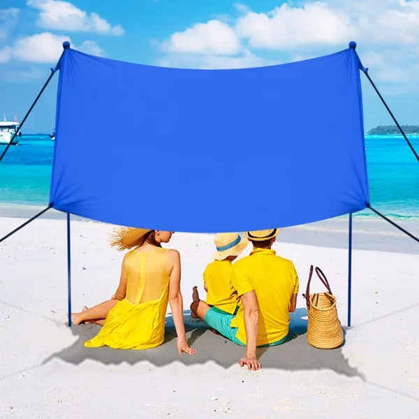 Tente de Plage avec Sac de Transport et 4 Sacs de Sable Grand Abri Solaire en Lycra pour la Plage le Camping la Pêche Bleu
