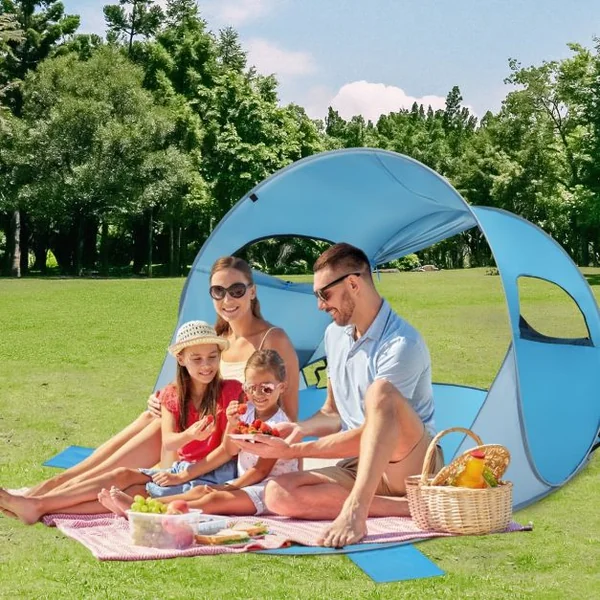 Tente de Plage Pliable Pop-up Automatique Instantanée 3-4 Personnes 220x159x115cm 190T Revêtement Argent UPF50+ Bleu/Vert