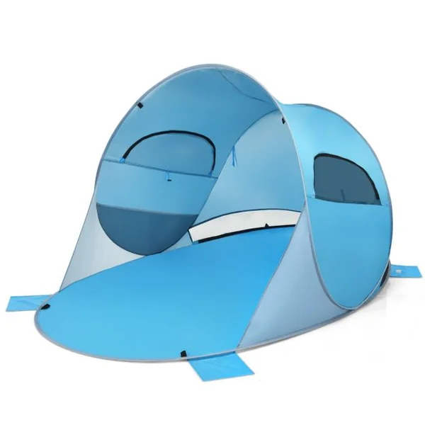 Tente de Plage Pliable Pop-up Automatique Instantanée 3-4 Personnes 220x159x115cm 190T Revêtement Argent UPF50+ Bleu/Vert
