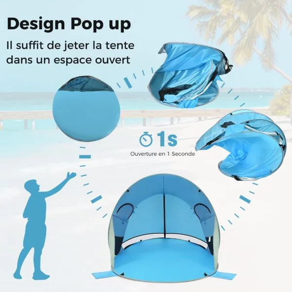 Tente de Plage Pliable Pop-up Automatique Instantanée 3-4 Personnes 220x159x115cm 190T Revêtement Argent UPF50+ Bleu/Vert