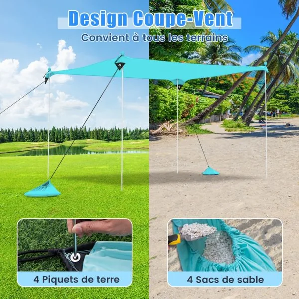 Tente de Plage Portable 2x2M Anti UV UPF50+ Abris Solaire avec 4 Sacs pour Sable Piquets de Sol 2 Poteaux Sac de Transport Vert