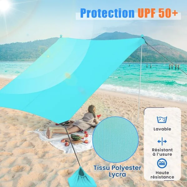 Tente de Plage Portable 2x2M Anti UV UPF50+ Abris Solaire avec 4 Sacs pour Sable Piquets de Sol 2 Poteaux Sac de Transport Vert