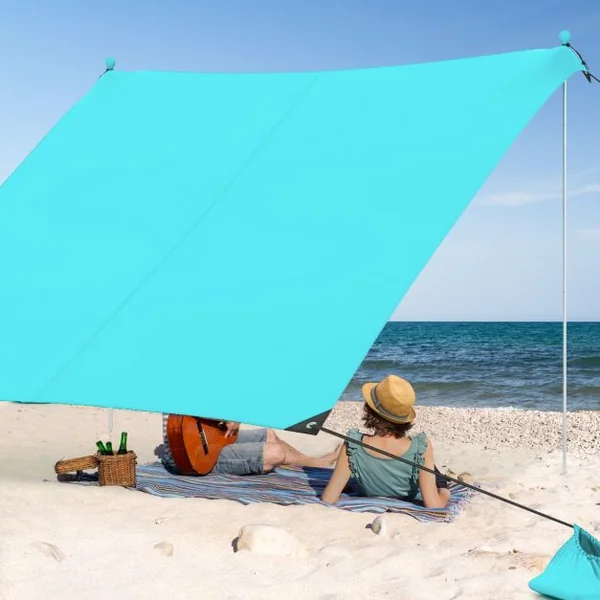 Tente de Plage Portable 2x2M Anti UV UPF50+ Abris Solaire de Plage avec 4 Sacs pour Sable Piquets de Sol 2 Poteaux Sac de Transport Bleu