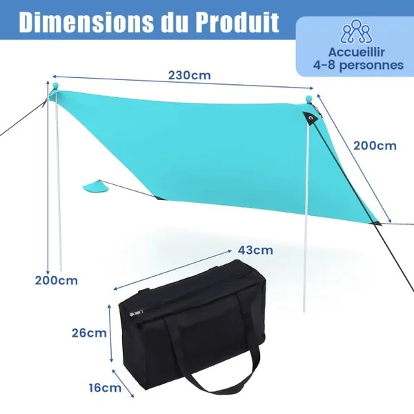Tente de Plage Portable 2x2M Anti UV UPF50+ Abris Solaire de Plage avec 4 Sacs pour Sable Piquets de Sol 2 Poteaux Sac de Transport Bleu