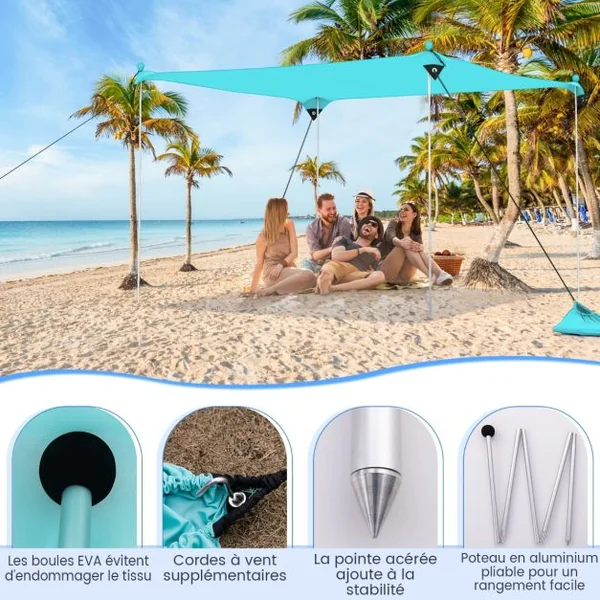 Tente de Plage Portable 2x2M Anti UV UPF50+ Abris Solaire de Plage avec 4 Sacs pour Sable Piquets de Sol 2 Poteaux Sac de Transport Bleu
