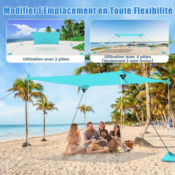 Tente de Plage Portable 2x2M Anti UV UPF50+ Abris Solaire de Plage avec 4 Sacs pour Sable Piquets de Sol 2 Poteaux Sac de Transport Bleu