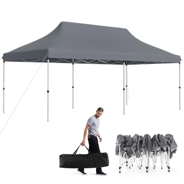 Tente Escamotable 300 x 600 Cm Tente de Fête Pliante Étanche avec Sac de Transport Protection Solaire Tonnelle Extérieure Robuste pour Patio Jardin Blanc/Gris/Noir