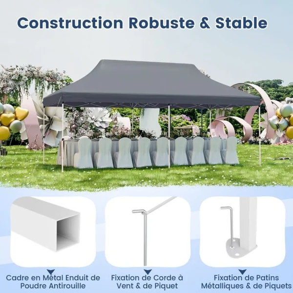 Tente Escamotable 300 x 600 Cm Tente de Fête Pliante Étanche avec Sac de Transport Protection Solaire Tonnelle Extérieure Robuste pour Patio Jardin Blanc/Gris/Noir