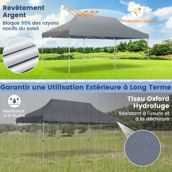 Tente Escamotable 300 x 600 Cm Tente de Fête Pliante Étanche avec Sac de Transport Protection Solaire Tonnelle Extérieure Robuste pour Patio Jardin Blanc/Gris/Noir