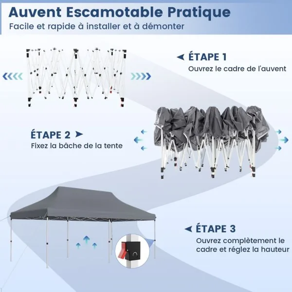 Tente Escamotable 300 x 600 Cm Tente de Fête Pliante Étanche avec Sac de Transport Protection Solaire Tonnelle Extérieure Robuste pour Patio Jardin Blanc/Gris/Noir