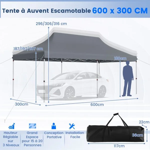 Tente Escamotable 300 x 600 Cm Tente de Fête Pliante Étanche avec Sac de Transport Protection Solaire Tonnelle Extérieure Robuste pour Patio Jardin Blanc/Gris/Noir