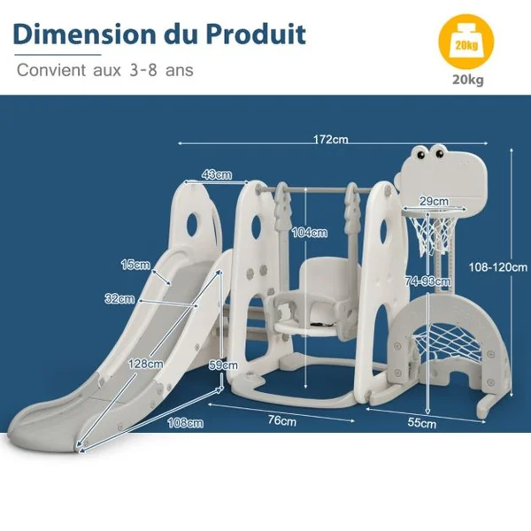 Toboggan 6 en 1 : Balançoire Basket-ball Football Escalade Golf pour Enfants 18 Mois + Aire de Jeux Intérieure en HDPE Blanc/Orange