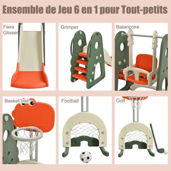 Toboggan 6 en 1 : Balançoire Basket-ball Football Escalade Golf pour Enfants 18 Mois + Aire de Jeux Intérieure en HDPE Blanc/Orange