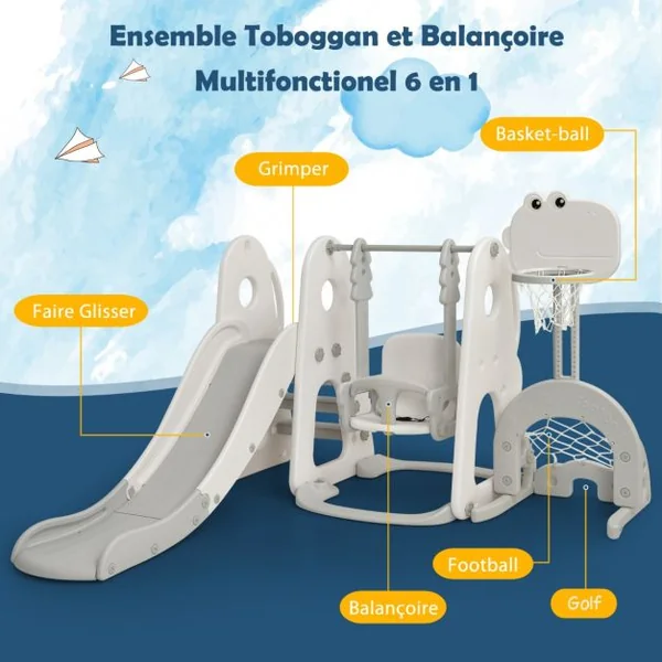 Toboggan 6 en 1 : Balançoire Basket-ball Football Escalade Golf pour Enfants 18 Mois + Aire de Jeux Intérieure en HDPE Blanc/Orange