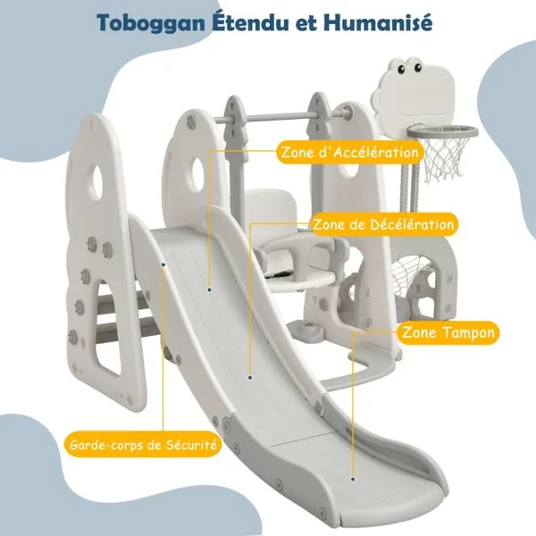 Toboggan 6 en 1 : Balançoire Basket-ball Football Escalade Golf pour Enfants 18 Mois + Aire de Jeux Intérieure en HDPE Blanc/Orange