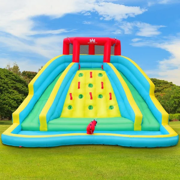 Toboggan Aquatique Gonflable 5 en 1 avec Pataugeoire Aire de Jeux Gonflable en Oxford avec Mur d'Escalade avec ventilateur