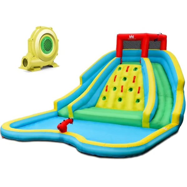 Toboggan Aquatique Gonflable 5 en 1 avec Pataugeoire Aire de Jeux Gonflable en Oxford avec Mur d'Escalade avec ventilateur