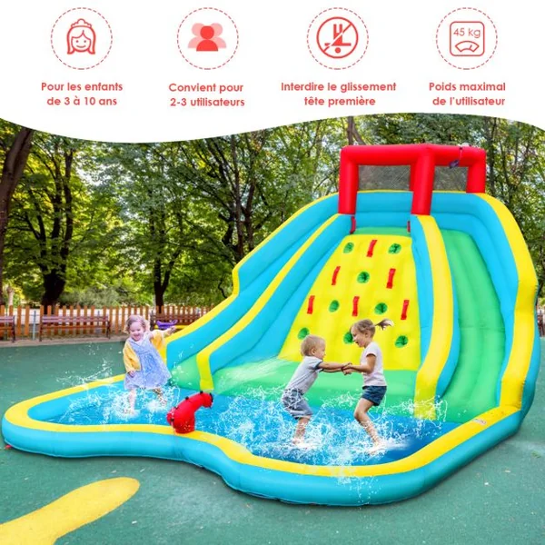Toboggan Aquatique Gonflable 5 en 1 avec Pataugeoire Aire de Jeux Gonflable en Oxford avec Mur d'Escalade avec ventilateur