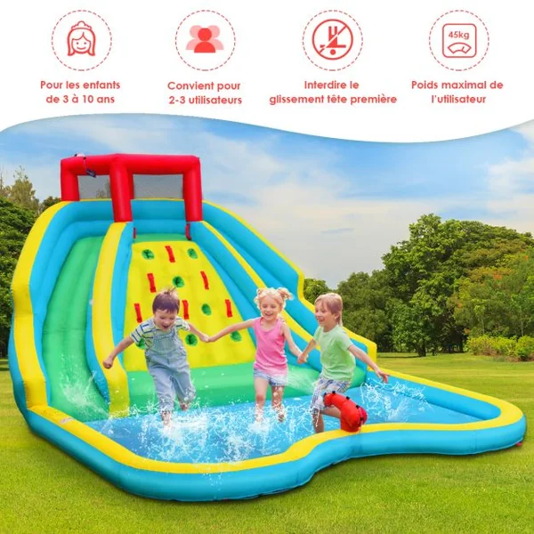 Toboggan Aquatique Gonflable 5 en 1 avec Pataugeoire Aire de Jeux Gonflable en Oxford avec Mur d'Escalade avec ventilateur