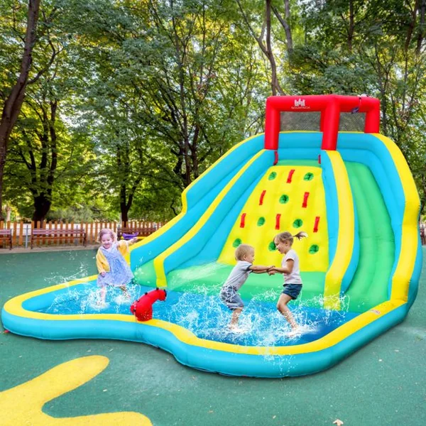 Toboggan Aquatique Gonflable 5 en 1 avec Pataugeoire Aire de Jeux Gonflable en Oxford avec Mur d'Escalade Charge 150kg pour 3-10 Ans (sans Souffleur)