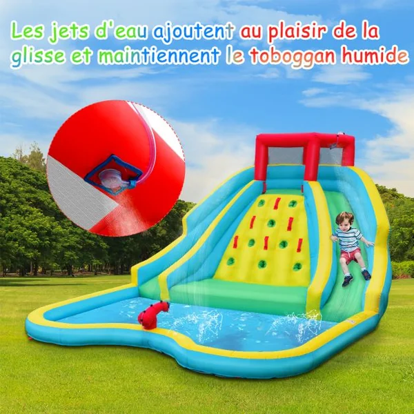 Toboggan Aquatique Gonflable 5 en 1 avec Pataugeoire Aire de Jeux Gonflable en Oxford avec Mur d'Escalade Charge 150kg pour 3-10 Ans (sans Souffleur)