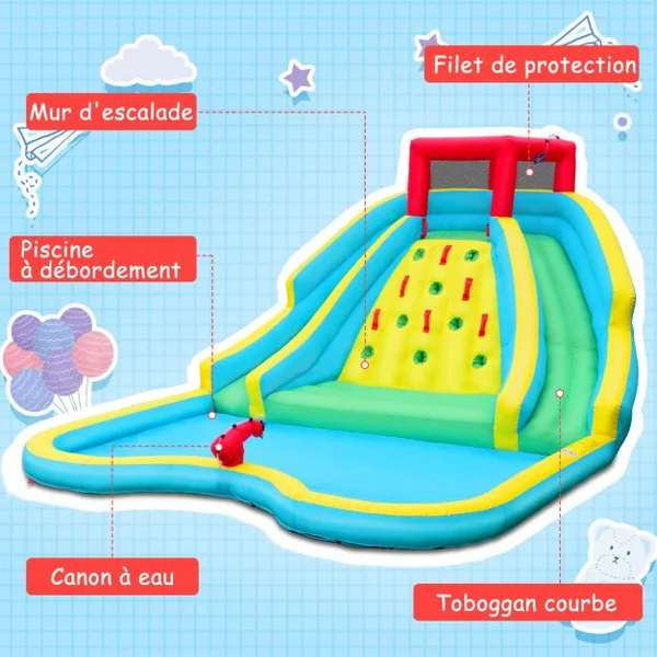 Toboggan Aquatique Gonflable 5 en 1 avec Pataugeoire Aire de Jeux Gonflable en Oxford avec Mur d'Escalade Charge 150kg pour 3-10 Ans (sans Souffleur)
