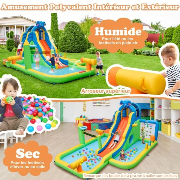 Toboggan Aquatique Gonflable Géant pour Enfants Piscine à Éclaboussures sures Mur D'escalade Canons à Eau Lancer D'anneaux Cerceau (sans Souffleur) Multicolore