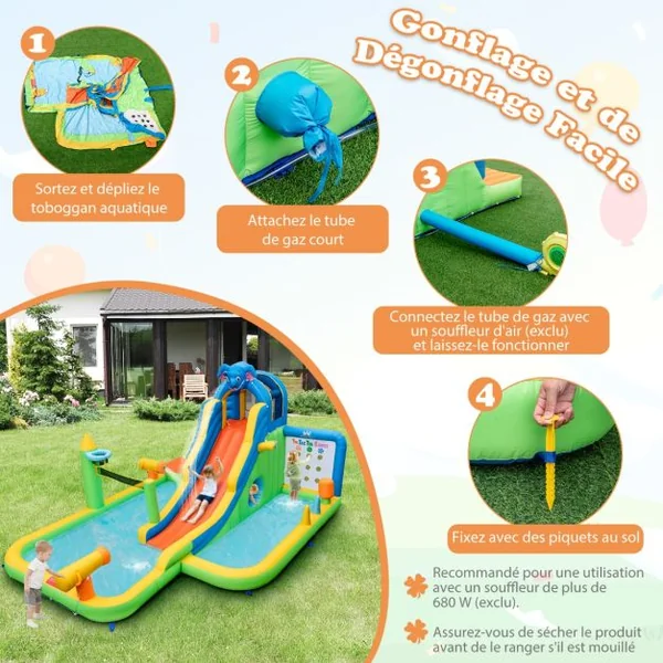 Toboggan Aquatique Gonflable Géant pour Enfants Piscine à Éclaboussures sures Mur D'escalade Canons à Eau Lancer D'anneaux Cerceau (sans Souffleur) Multicolore