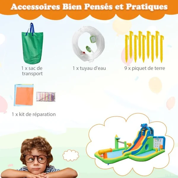 Toboggan Aquatique Gonflable Géant pour Enfants Piscine à Éclaboussures sures Mur D'escalade Canons à Eau Lancer D'anneaux Cerceau (sans Souffleur) Multicolore
