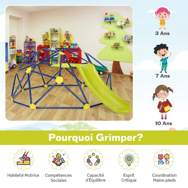 Toboggan avec Dôme d'Escalade pour Enfants 3-10 Ans Cage d'Escalade Charge max.: 180 KG Jeu Extérieure et Intérieure 6 Couleurs au Choix