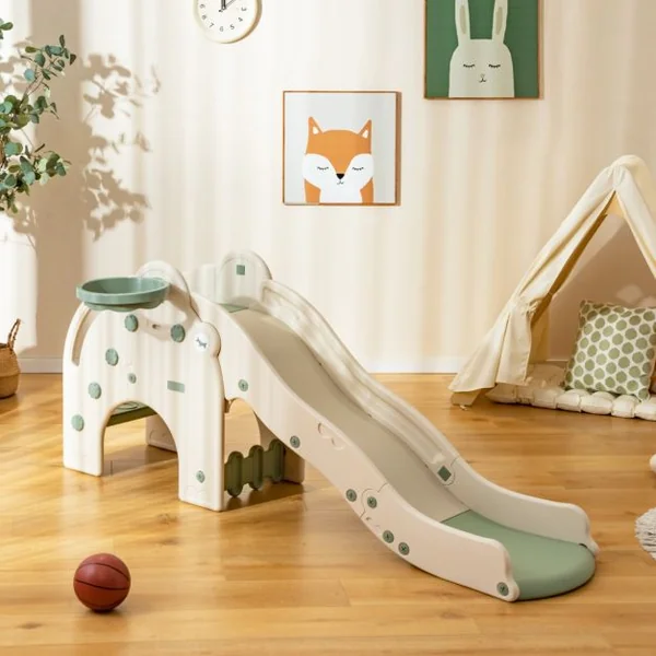 Toboggan de Jeu pour Enfants en Forme d'Éléphant Toboggan 4 en 1 avec Panier et Ballon de Basket-bal Zone Tampon Narches Antidérapantes pour Enfants Rose/Vert