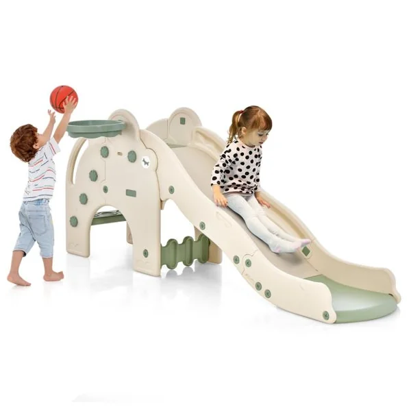 Toboggan de Jeu pour Enfants en Forme d'Éléphant Toboggan 4 en 1 avec Panier et Ballon de Basket-bal Zone Tampon Narches Antidérapantes pour Enfants Rose/Vert