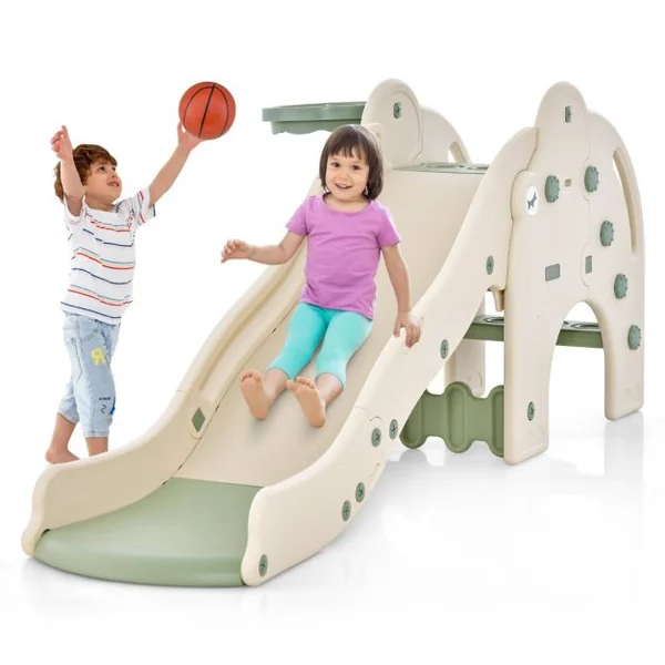 Toboggan de Jeu pour Enfants en Forme d'Éléphant Toboggan 4 en 1 avec Panier et Ballon de Basket-bal Zone Tampon Narches Antidérapantes pour Enfants Rose/Vert