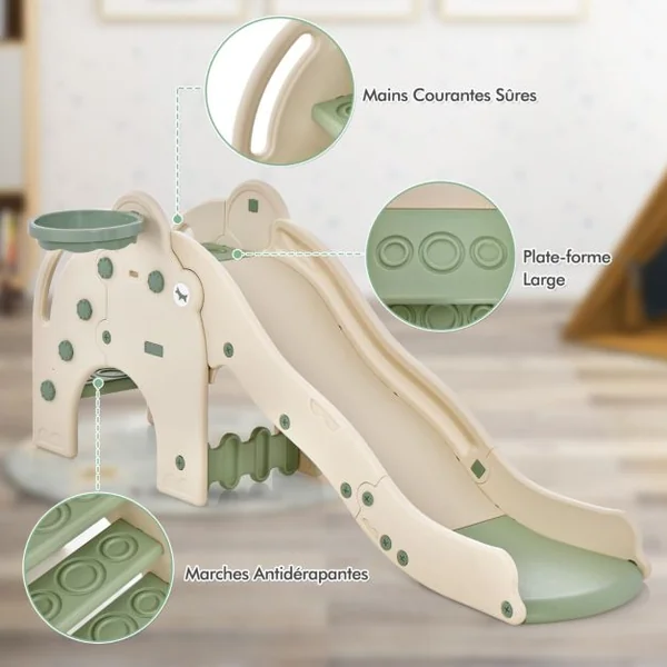 Toboggan de Jeu pour Enfants en Forme d'Éléphant Toboggan 4 en 1 avec Panier et Ballon de Basket-bal Zone Tampon Narches Antidérapantes pour Enfants Rose/Vert