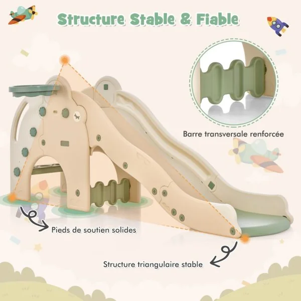 Toboggan de Jeu pour Enfants en Forme d'Éléphant Toboggan 4 en 1 avec Panier et Ballon de Basket-bal Zone Tampon Narches Antidérapantes pour Enfants Rose/Vert