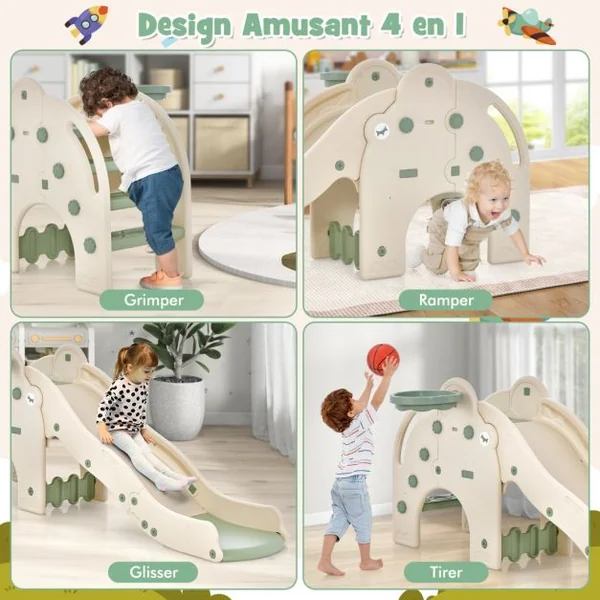Toboggan de Jeu pour Enfants en Forme d'Éléphant Toboggan 4 en 1 avec Panier et Ballon de Basket-bal Zone Tampon Narches Antidérapantes pour Enfants Rose/Vert