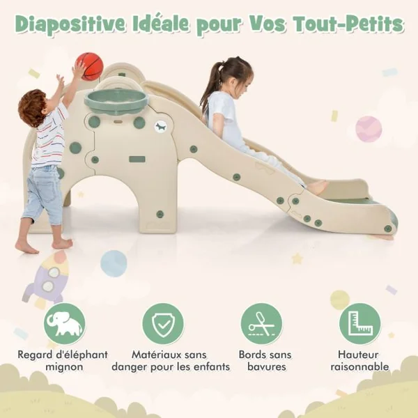 Toboggan de Jeu pour Enfants en Forme d'Éléphant Toboggan 4 en 1 avec Panier et Ballon de Basket-bal Zone Tampon Narches Antidérapantes pour Enfants Rose/Vert