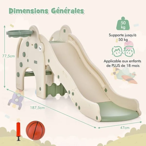 Toboggan de Jeu pour Enfants en Forme d'Éléphant Toboggan 4 en 1 avec Panier et Ballon de Basket-bal Zone Tampon Narches Antidérapantes pour Enfants Rose/Vert