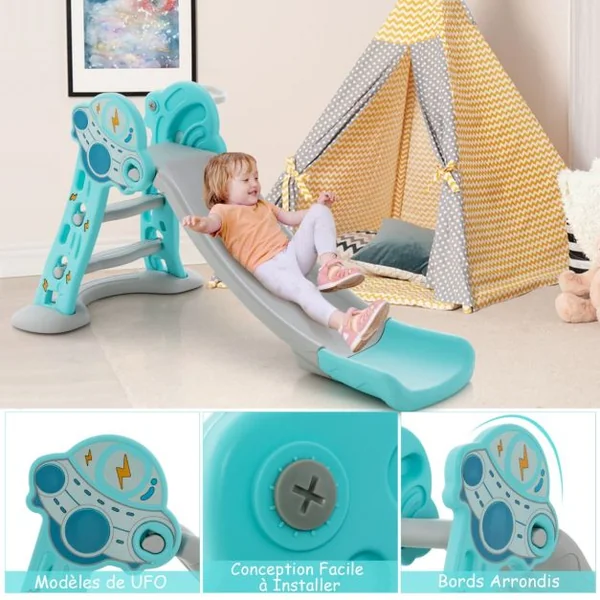Toboggan d'Intérieur Pliable 3 en 1 pour Enfants Panier et Ballon de Basket Zone Tampon de Sécurité Marches et Toboggan Autoportant Bleu