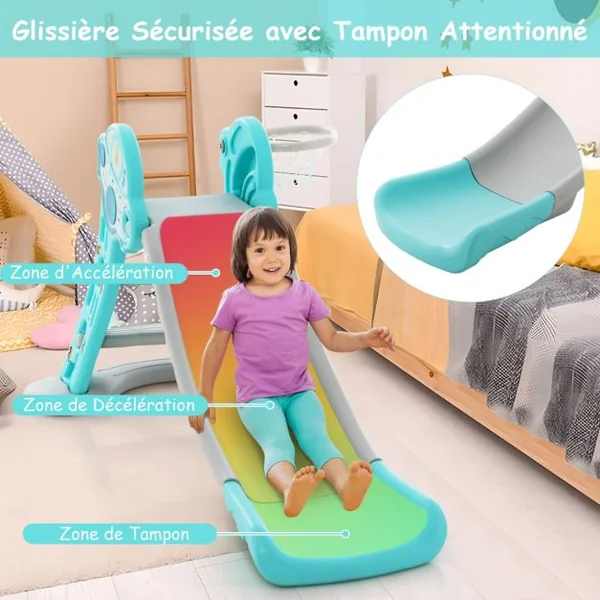 Toboggan d'Intérieur Pliable 3 en 1 pour Enfants Panier et Ballon de Basket Zone Tampon de Sécurité Marches et Toboggan Autoportant Bleu