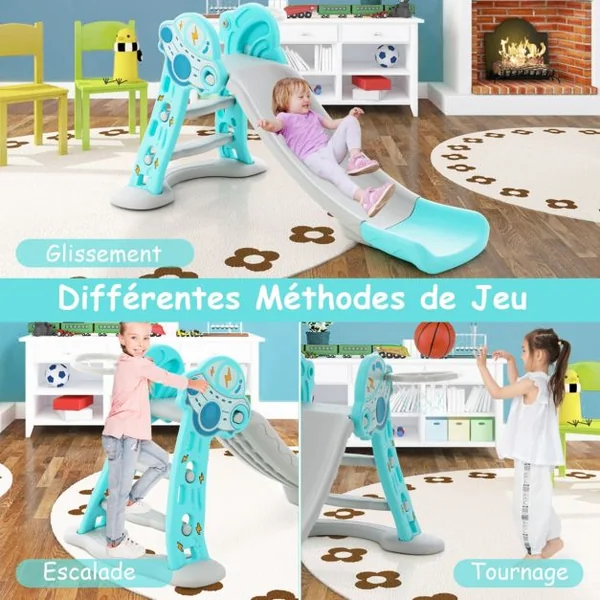 Toboggan d'Intérieur Pliable 3 en 1 pour Enfants Panier et Ballon de Basket Zone Tampon de Sécurité Marches et Toboggan Autoportant Bleu
