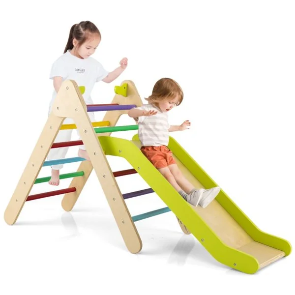 Toboggan Enfant 2 en 1 avec Triangle d'Escalade en Bois Massif Pente de Toboggan Réglable pour 1 An + Charge 60 KG Gris/Multicolore/Naturel