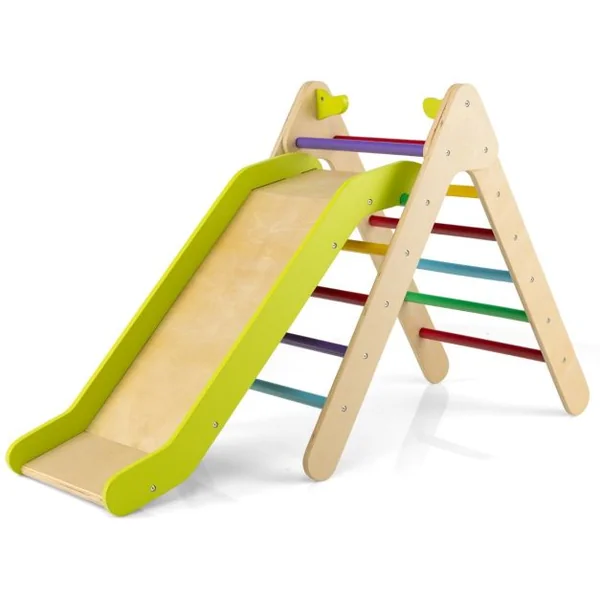 Toboggan Enfant 2 en 1 avec Triangle d'Escalade en Bois Massif Pente de Toboggan Réglable pour 1 An + Charge 60 KG Gris/Multicolore/Naturel
