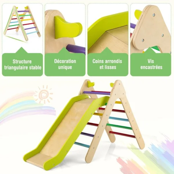 Toboggan Enfant 2 en 1 avec Triangle d'Escalade en Bois Massif Pente de Toboggan Réglable pour 1 An + Charge 60 KG Gris/Multicolore/Naturel