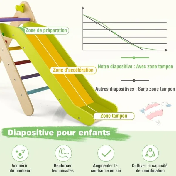 Toboggan Enfant 2 en 1 avec Triangle d'Escalade en Bois Massif Pente de Toboggan Réglable pour 1 An + Charge 60 KG Gris/Multicolore/Naturel