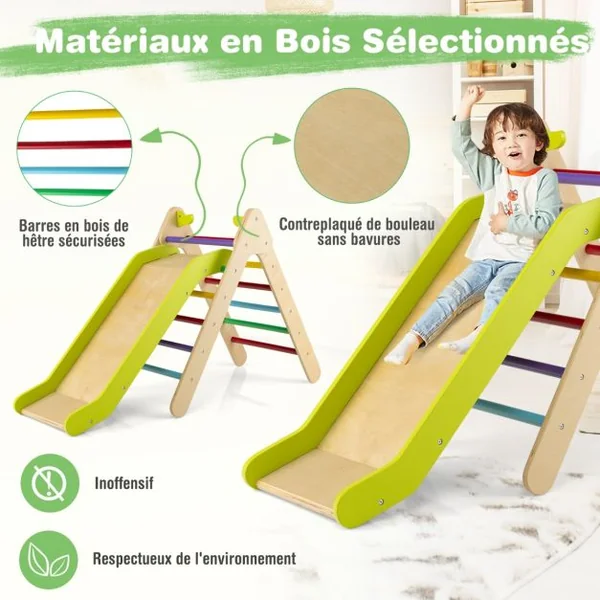 Toboggan Enfant 2 en 1 avec Triangle d'Escalade en Bois Massif Pente de Toboggan Réglable pour 1 An + Charge 60 KG Gris/Multicolore/Naturel