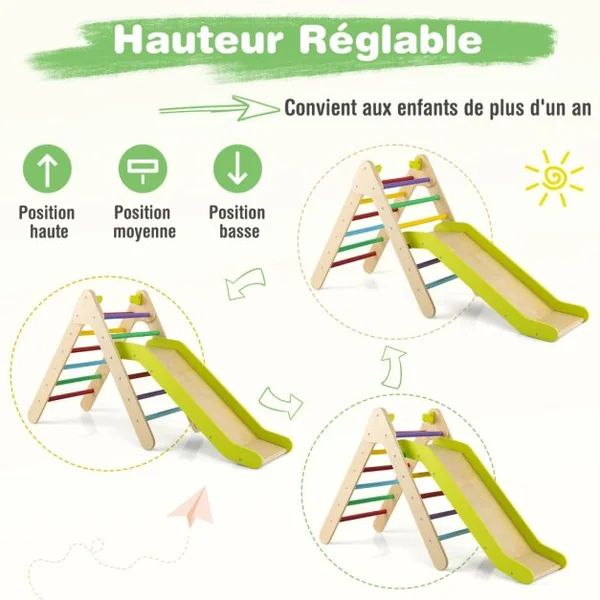 Toboggan Enfant 2 en 1 avec Triangle d'Escalade en Bois Massif Pente de Toboggan Réglable pour 1 An + Charge 60 KG Gris/Multicolore/Naturel
