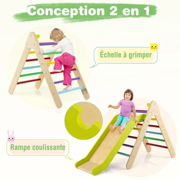 Toboggan Enfant 2 en 1 avec Triangle d'Escalade en Bois Massif Pente de Toboggan Réglable pour 1 An + Charge 60 KG Gris/Multicolore/Naturel