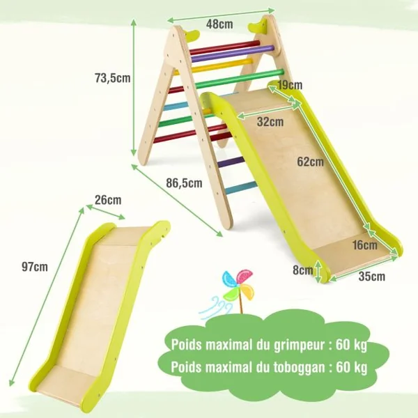 Toboggan Enfant 2 en 1 avec Triangle d'Escalade en Bois Massif Pente de Toboggan Réglable pour 1 An + Charge 60 KG Gris/Multicolore/Naturel